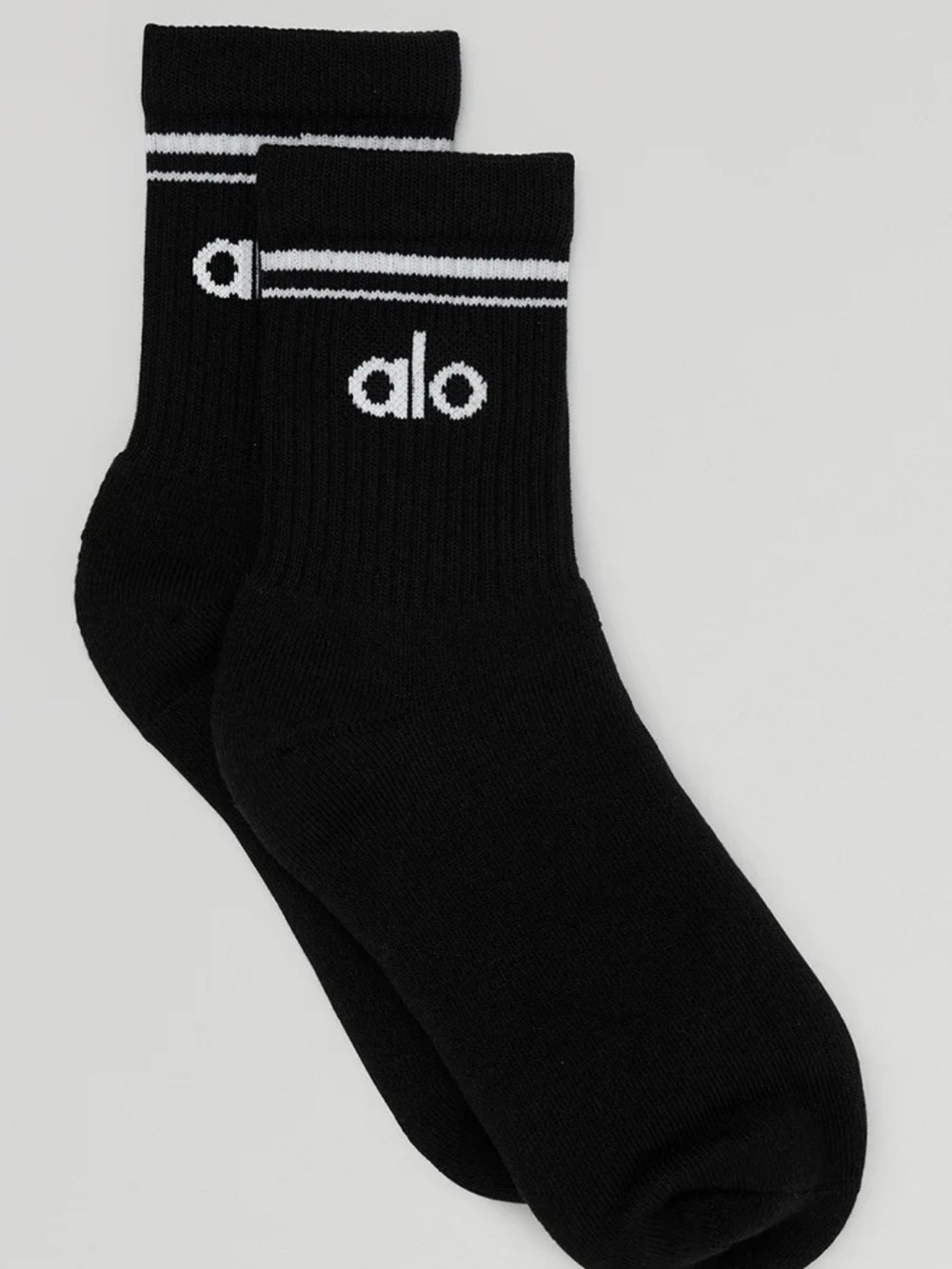 Alo Black Crew Socks with White Stripe and Logo